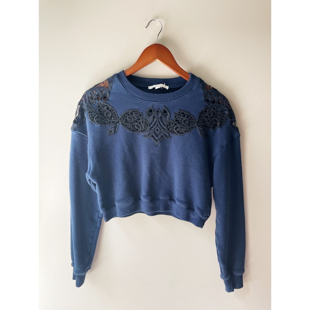 Jonathan Simkhai Lace Applique Pullover Sweatshirt Navy Blue Black Cropped Small - Picture 4 of 5